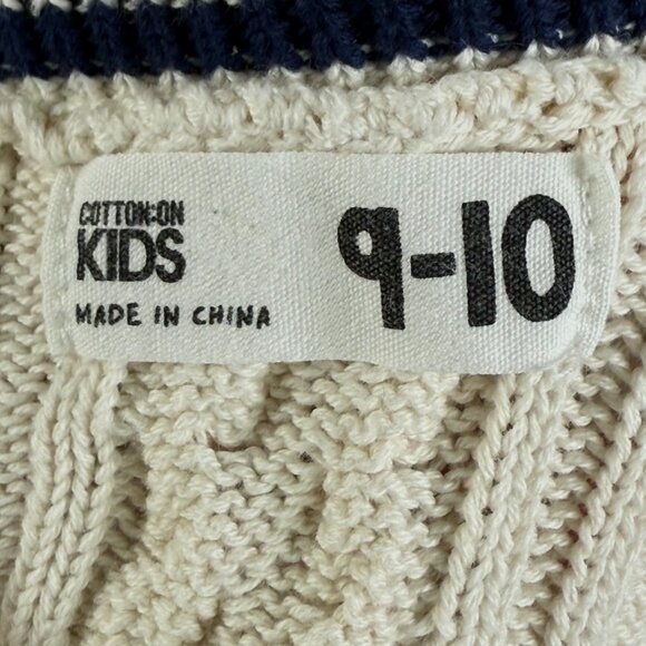 Cotton On Kids Cable Knit V-Neck Sweater Cream Navy Stripes Sz 9-10 - Picture 4 of 11